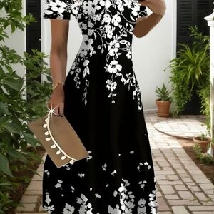 SHEIN Black & White Floral Midi Dress